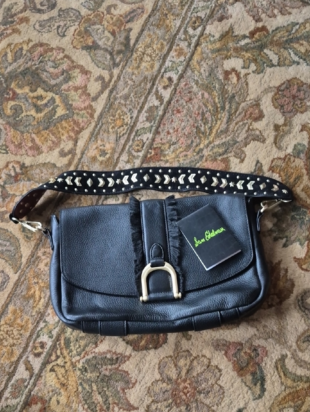 Sam Edelman Black Leather Shoulder Bag with Embellished Strap